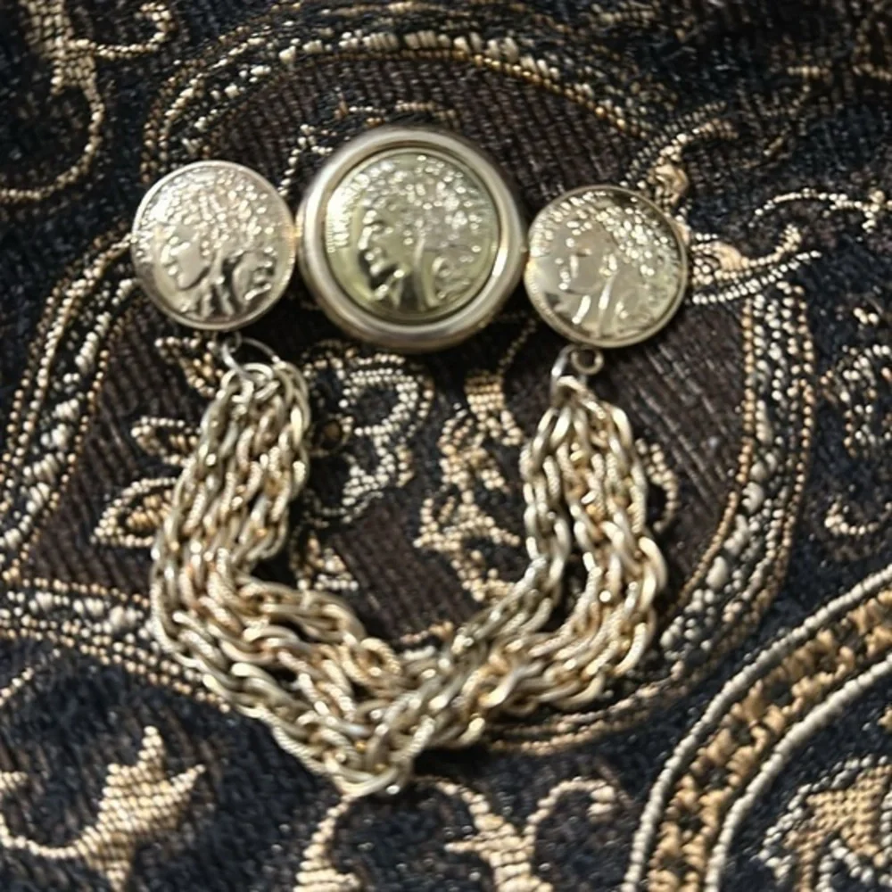 Vintage Brooch Republique Francaise Coins Dangle Chains Goldtone 3